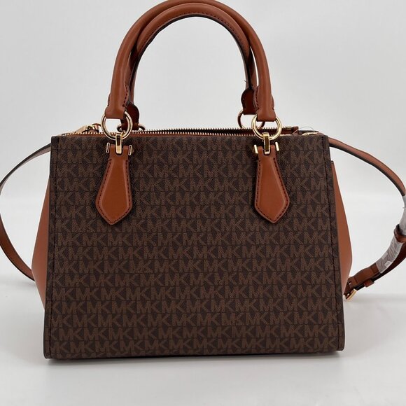 Michael Kors Marilyn Medium Logo Stripe Satchel Brown Mask Canvas Leather Trim - Picture 2 of 16